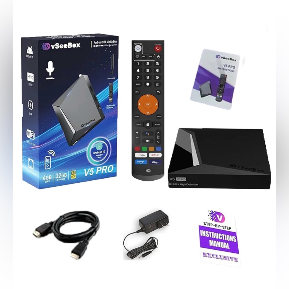 Vseebox V5 PRO Streaming Box Voice Control, 8K HDMI & Ethernet Cable, Android 12